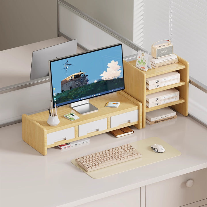Solid Wood Monitor Riser and Desk Organizer with Dual-Level Shelf and Cable Management