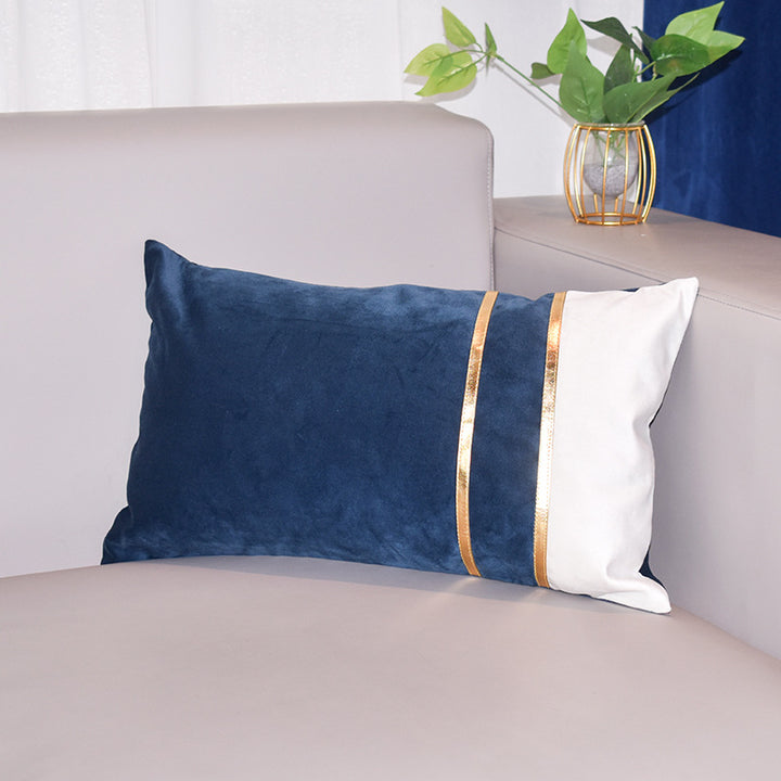 Rectangular Velvet-Blend Lumbar Cushion Cover with Dual Metallic Gold Bands