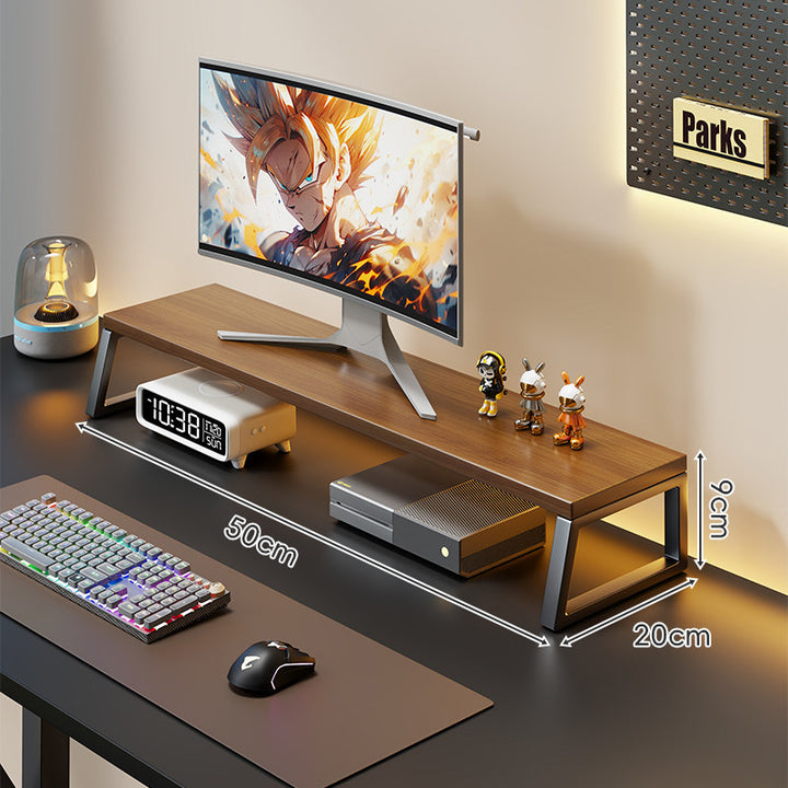 Low-Profile Wooden Monitor Platform with Integrated Cable Channel and Under-Shelf Storage