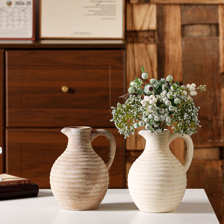 Handcrafted ceramic vase with ribbed structure
