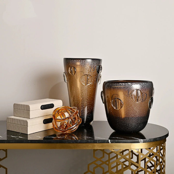 Tall Hand-Blown Textured Glass Accent Vase with Applied Disc Motifs