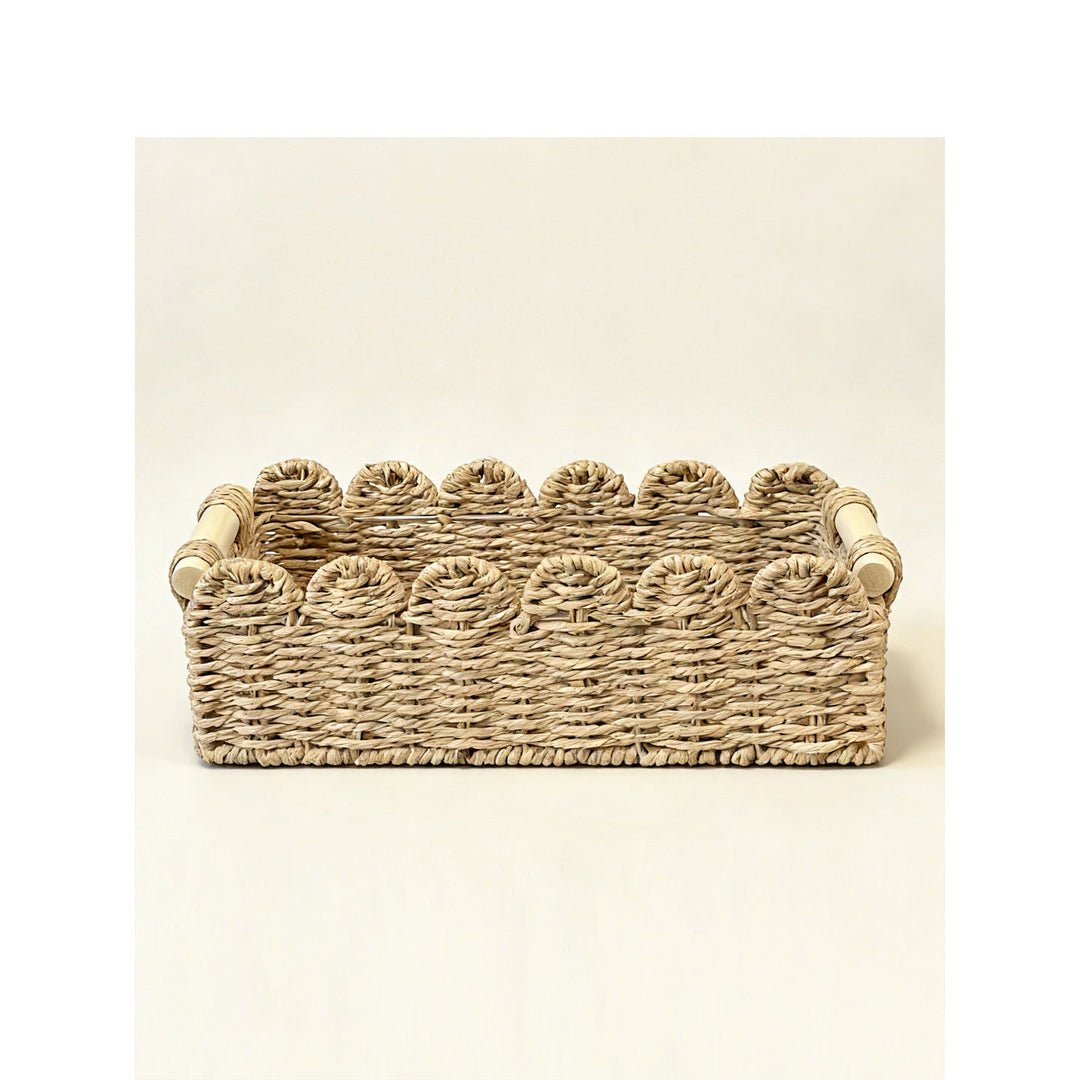 Decorative storage basket with ergonomic handles