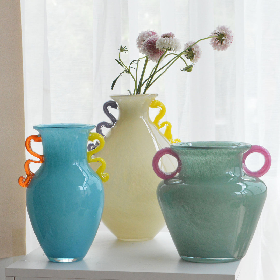 Hand-Blown Sculptural Double-Handled Glass Decorative Vase