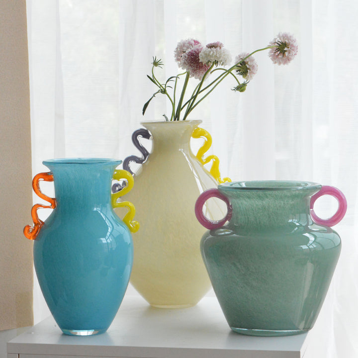 Hand-Blown Sculptural Double-Handled Glass Decorative Vase