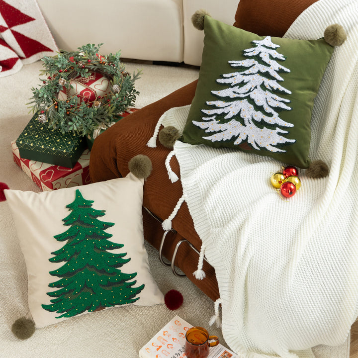 Decorative velvet cushion cover with hand-tufted Christmas tree, pompom corners and bead application