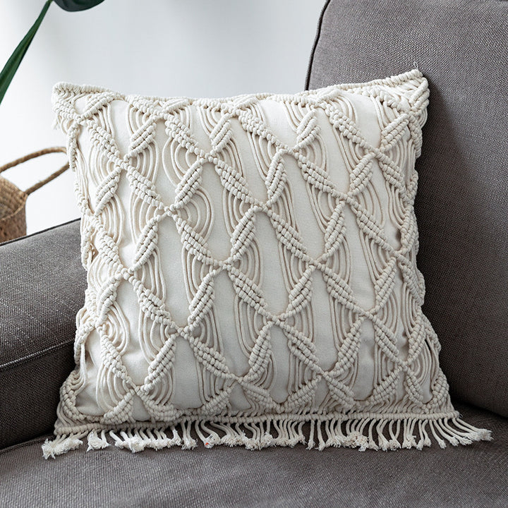 Round Macrame Decorative Pillow with Hand-Knotted Cotton Cover and Fringes