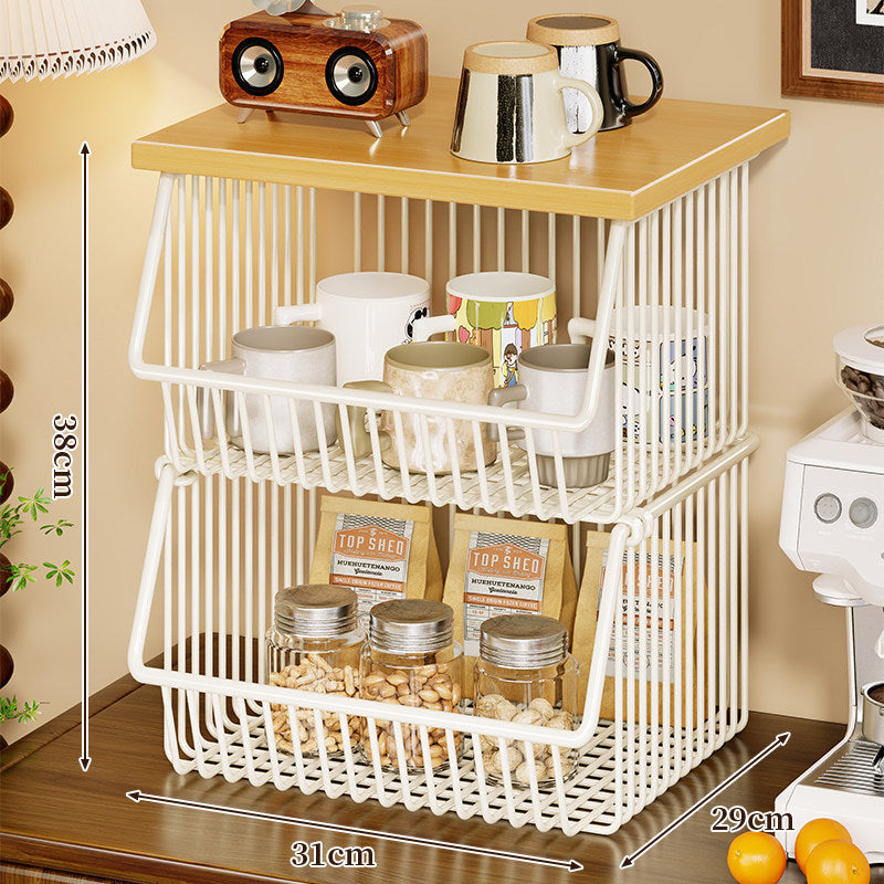 Four-Tier Industrial Wire Basket Cart with Wood Top and Swivel Locking Casters