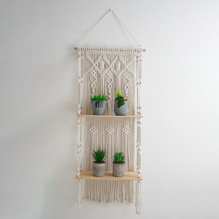 Macramé Wall Shelf with Natural Wood Accents