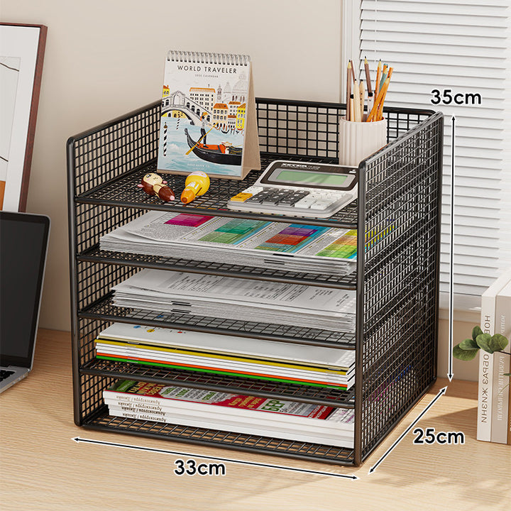 Multi-Tier Metal Mesh Desktop Document and Office Supply Organizer with Pull-Out Trays