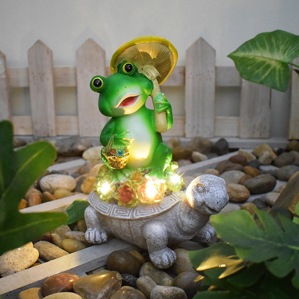 Playful Solar-Powered LED Garden Statue Frog on Turtle Resin Ornament