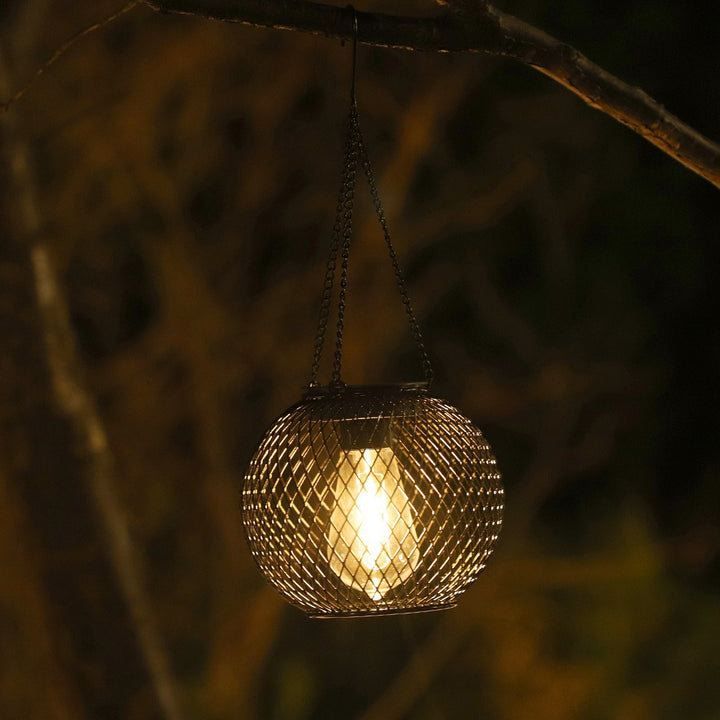 Outdoor Solar Hanging Lights in Metal Cage with Warm LED Candle Light