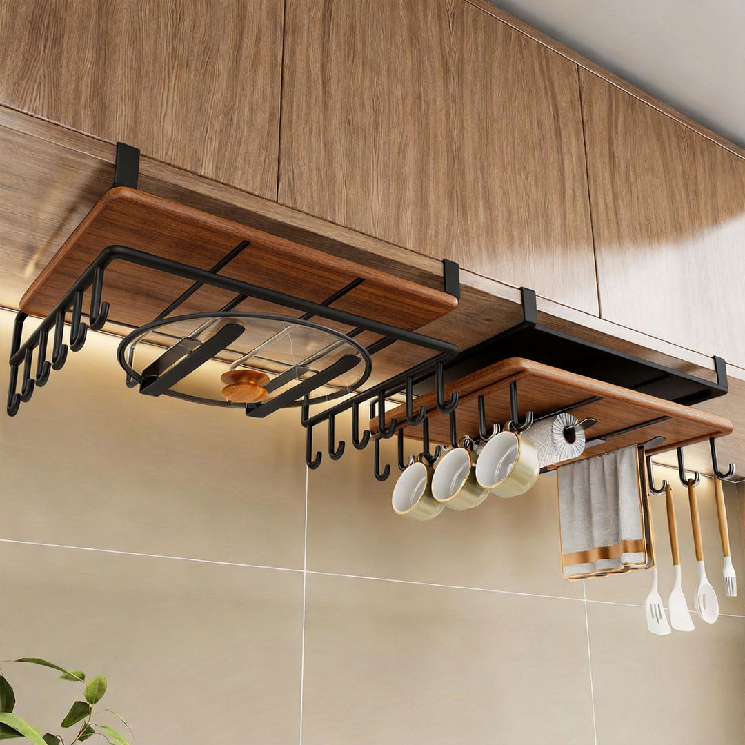 Under-Cabinet Bamboo Shelf with Multi-Hook Mug, Lid and Utensil Organizer