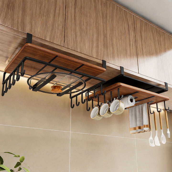 Under-Cabinet Bamboo Shelf with Multi-Hook Mug, Lid and Utensil Organizer