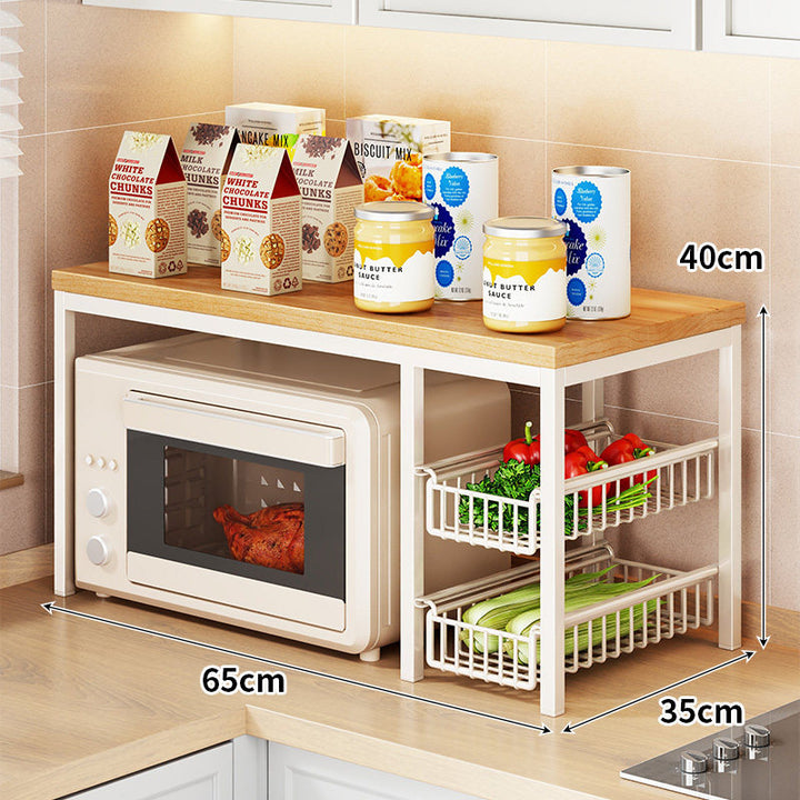 Microwave Countertop Organizer Shelf with Wooden Top and Pull-Out Wire Basket Drawers