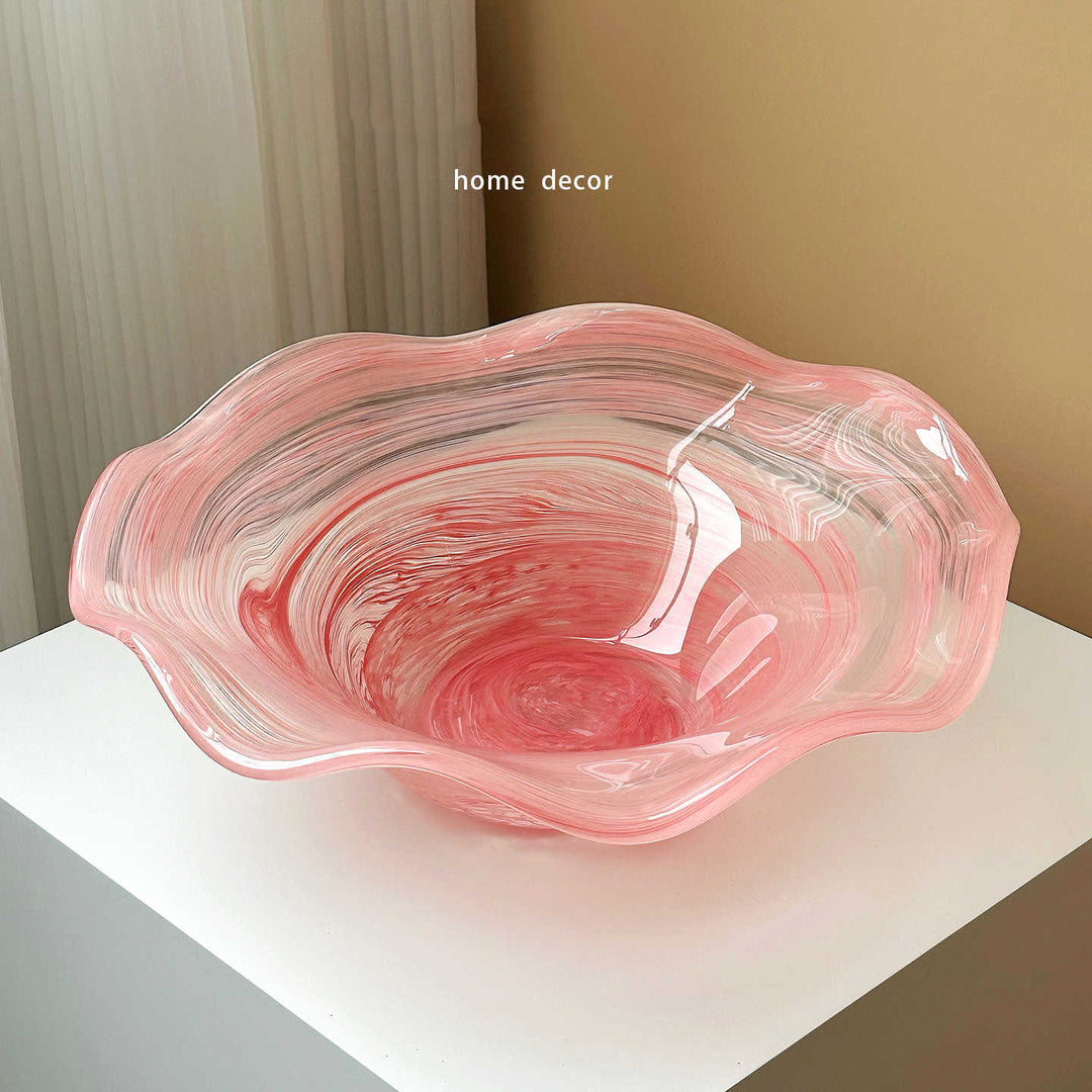 Hand-Blown Wavy-Rim Swirled Glass Centerpiece Bowl