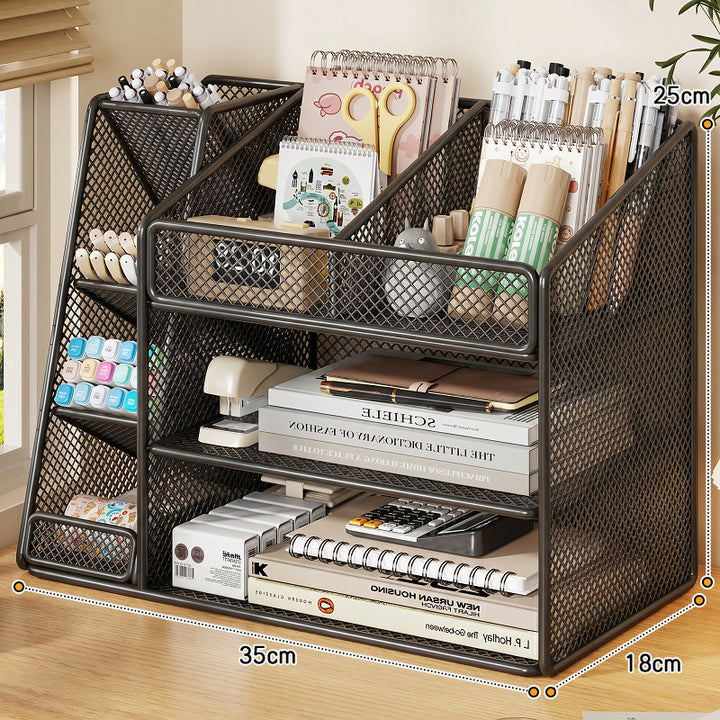Desktop Mesh Organizer with Multi-Compartment Stationery and Document Storage