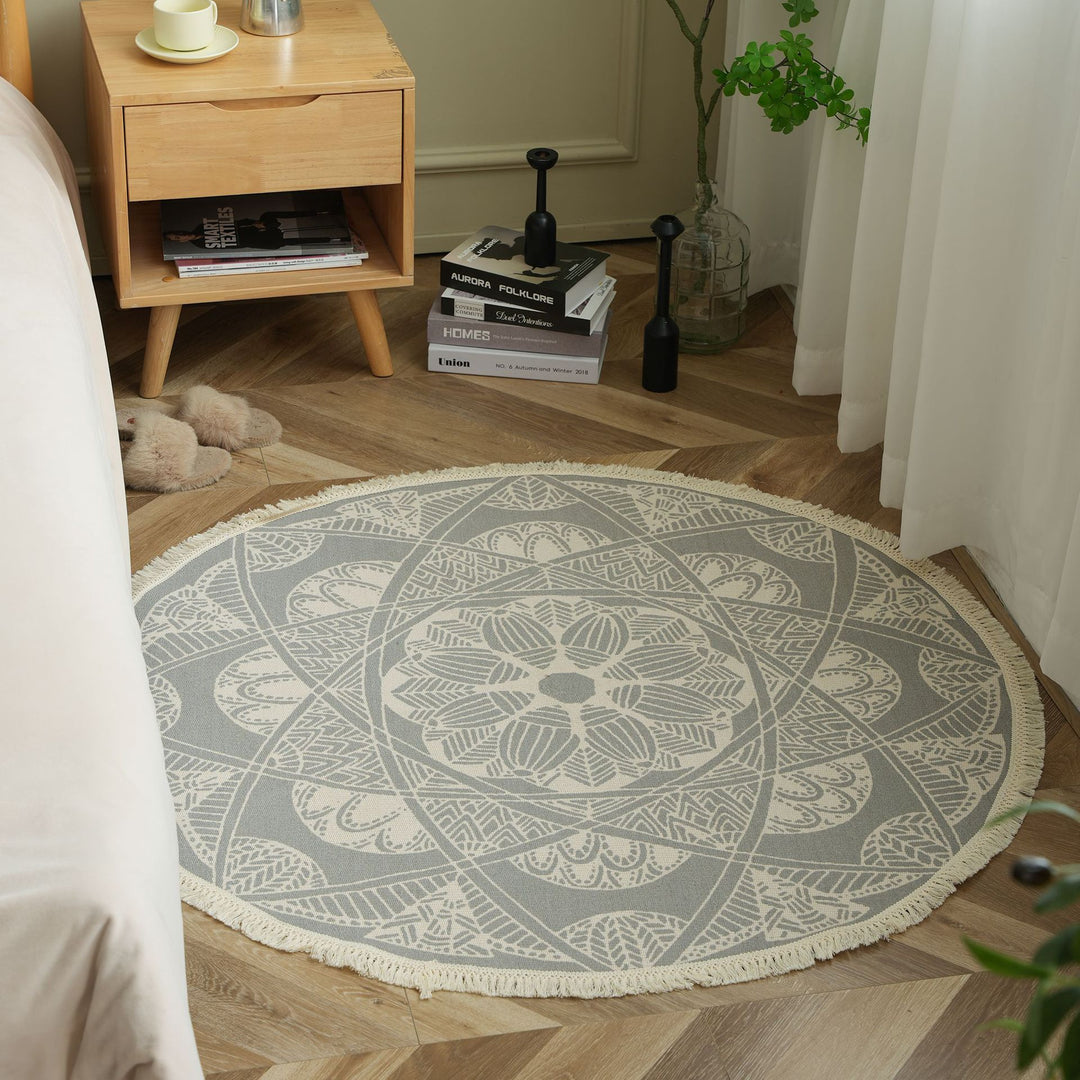Beef Boho Cotton Rug with Mandala Print and Fringe Edge
