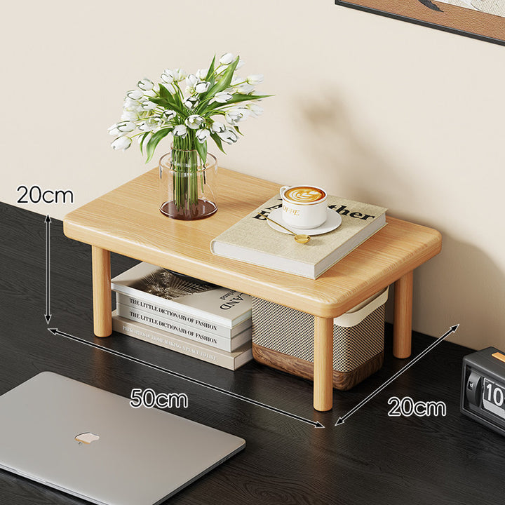 Compact Solid Wood Elevated Desk Display Stand with Under-Shelf Storage and Rounded Leg Design