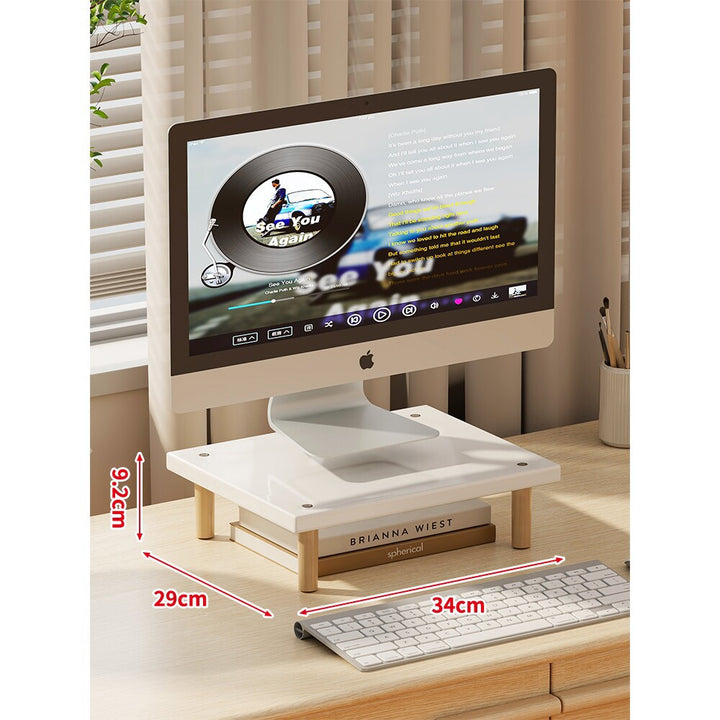 Compact Elevated Monitor Riser Stand with Wooden Legs and Under-Storage