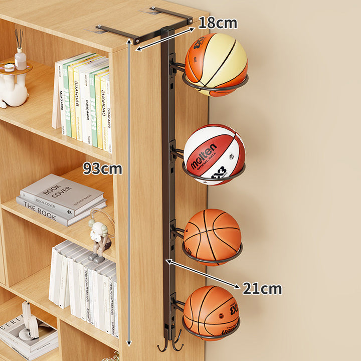 Multi-Ball Vertical Over-Shelf Sports Ball Organizer with Circular Cradles and Hook Storage