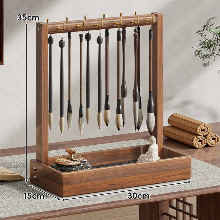 Desktop Wooden Calligraphy Brush Stand with Sand Tray and Hanging Hooks