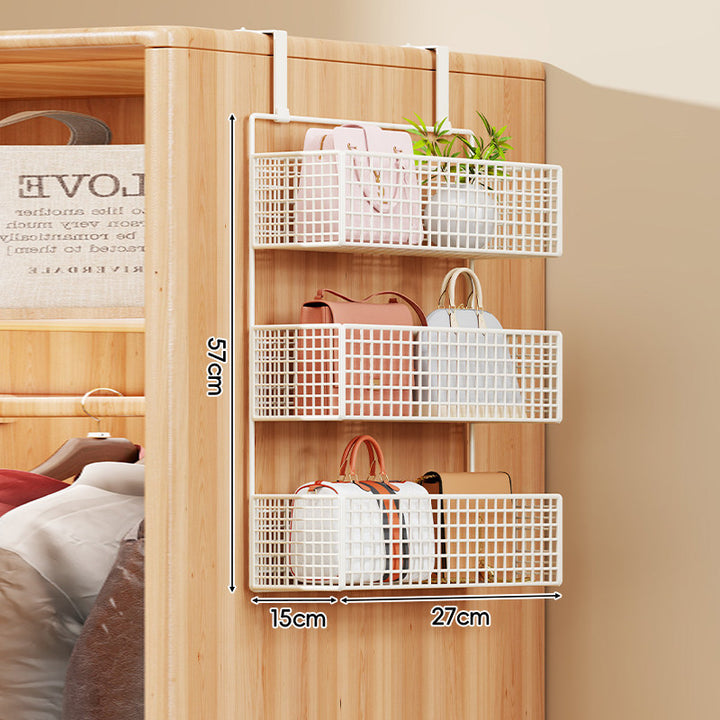 Over-the-Door Metal Grid Hanging Organizer with Four Stackable Baskets and Hooks