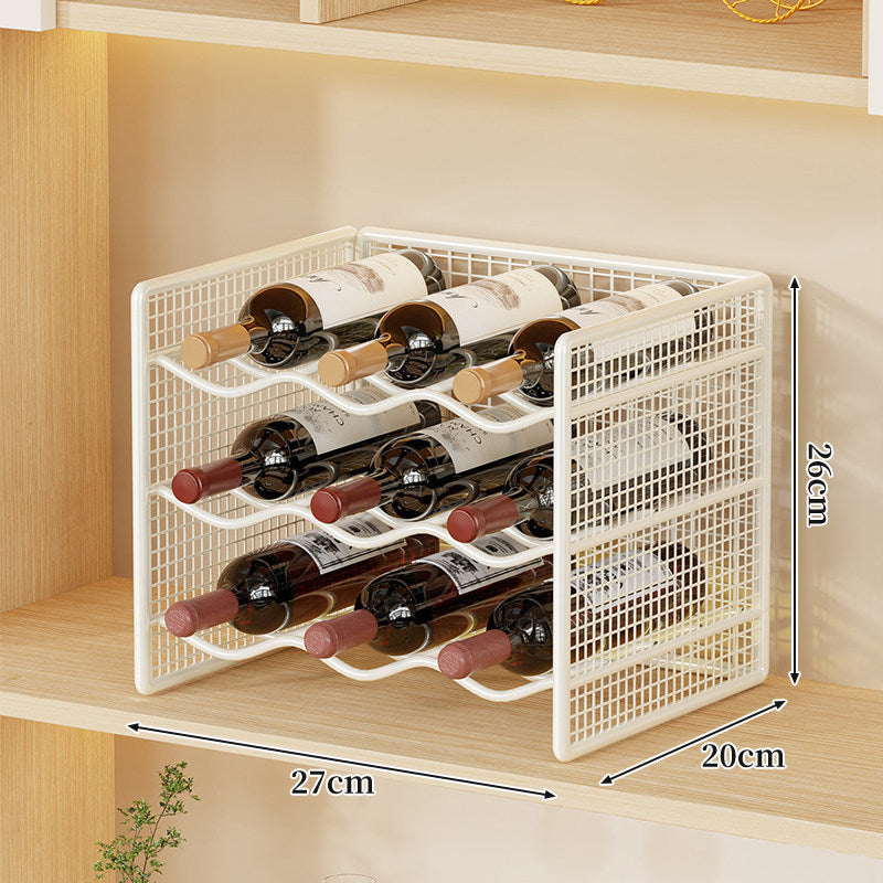 Countertop Metal Wine Bottle Rack Mesh Organizer with Stackable Grid Sides and Curved Bottle Cradles