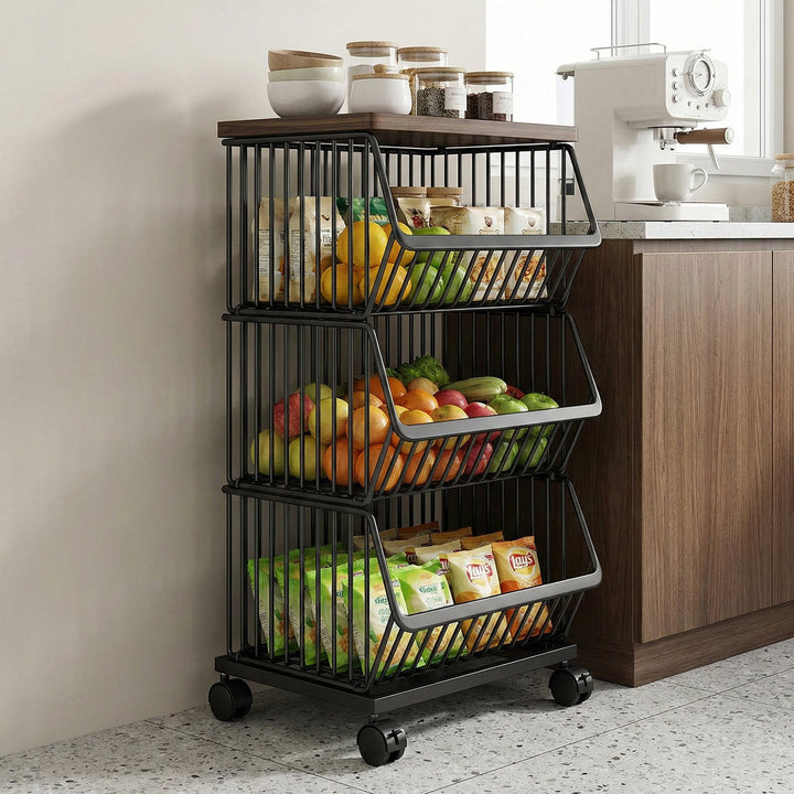 Vertical Five-Tier Rolling Kitchen Produce Storage Cart with Wooden Top and Pull-Out Wire Baskets