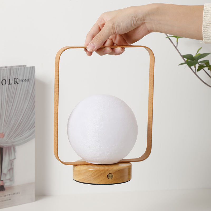 Moon Globe Ambient Table Lamp with Wooden Base and Copper Frame