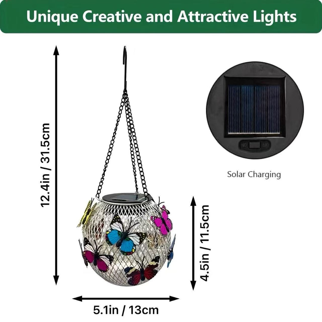 Weatherproof hanging solar LED lanterns for outdoor use with metal cage, warm glass, and hanging chain