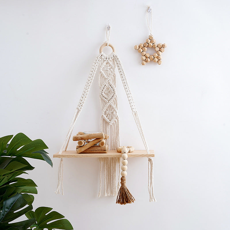 Macramé Hanging Shelf with Natural Wood Base