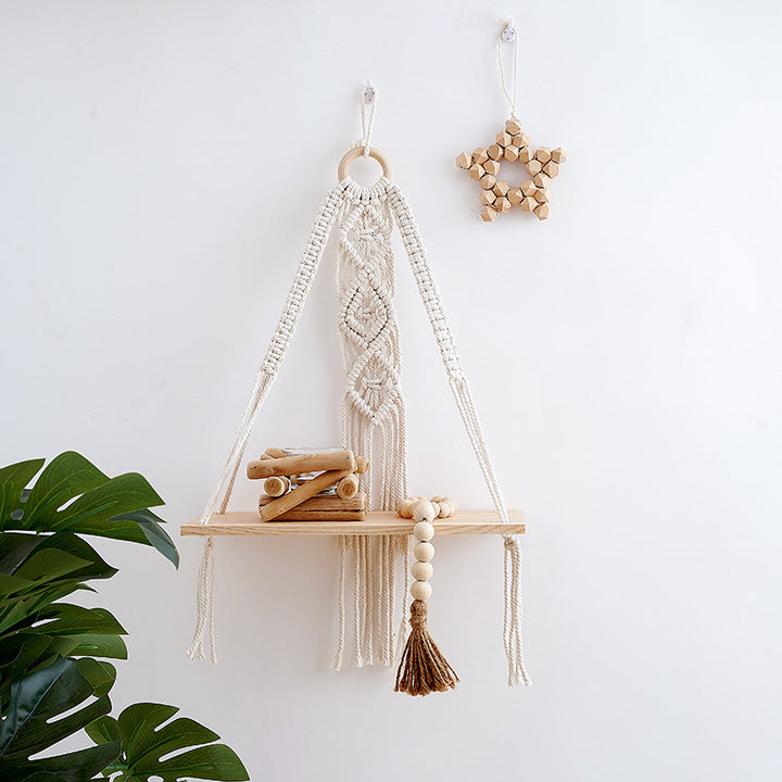 Macramé Hanging Shelf with Natural Wood Base