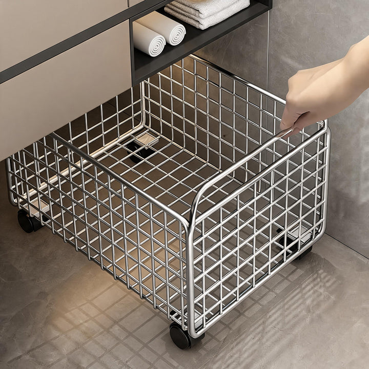 Rectangular Mesh Pull-Out Cabinet Storage Basket with Wooden Handles