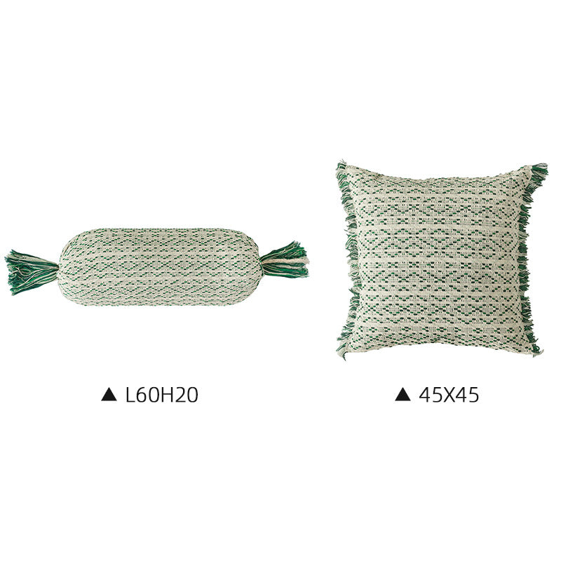 Boho-woven decorative pillow set with cylinder roll and square fringe cover