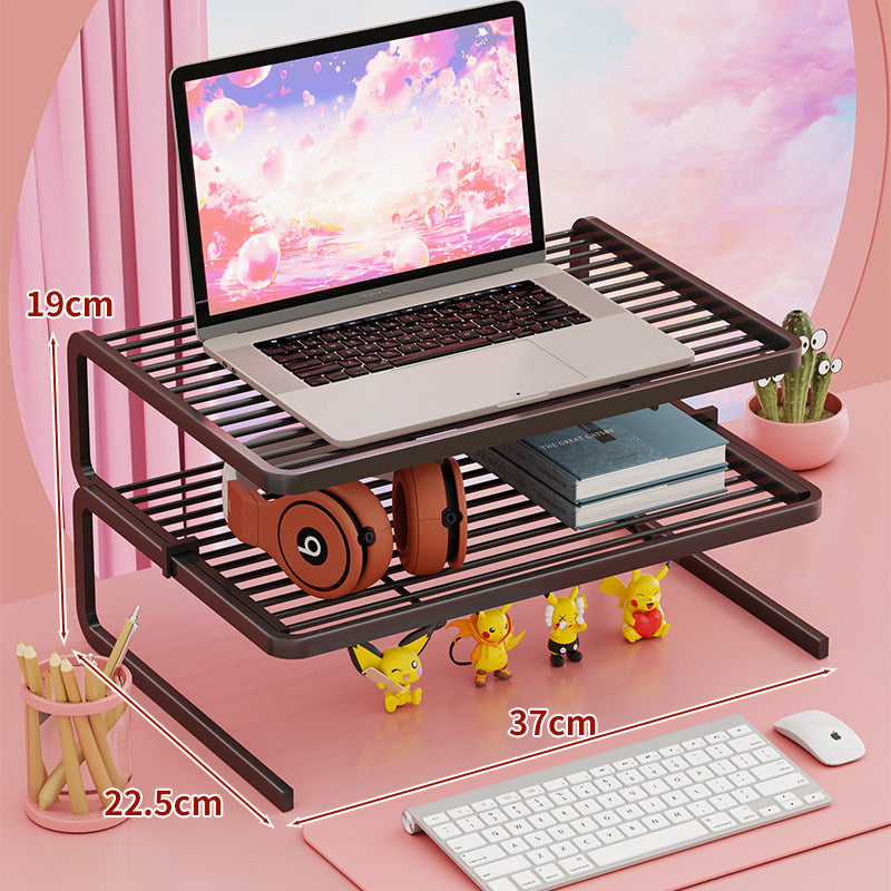 Tiered Adjustable Metal Laptop and Monitor Riser with Ventilated Slatted Shelves and Under-Storage Organizer