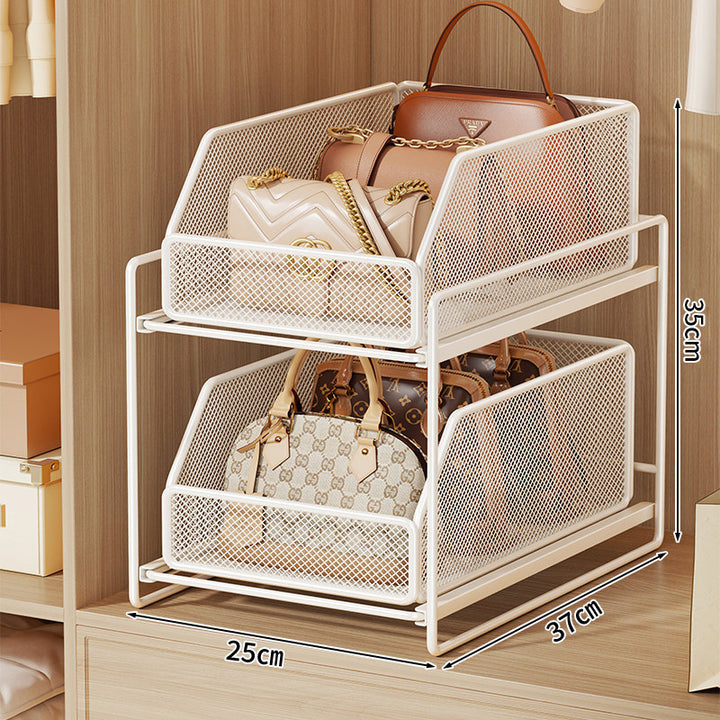 Two-Tier Pull-Out Wire Mesh Closet Organizer with Soft-Glide Slide and Stackable Drawers
