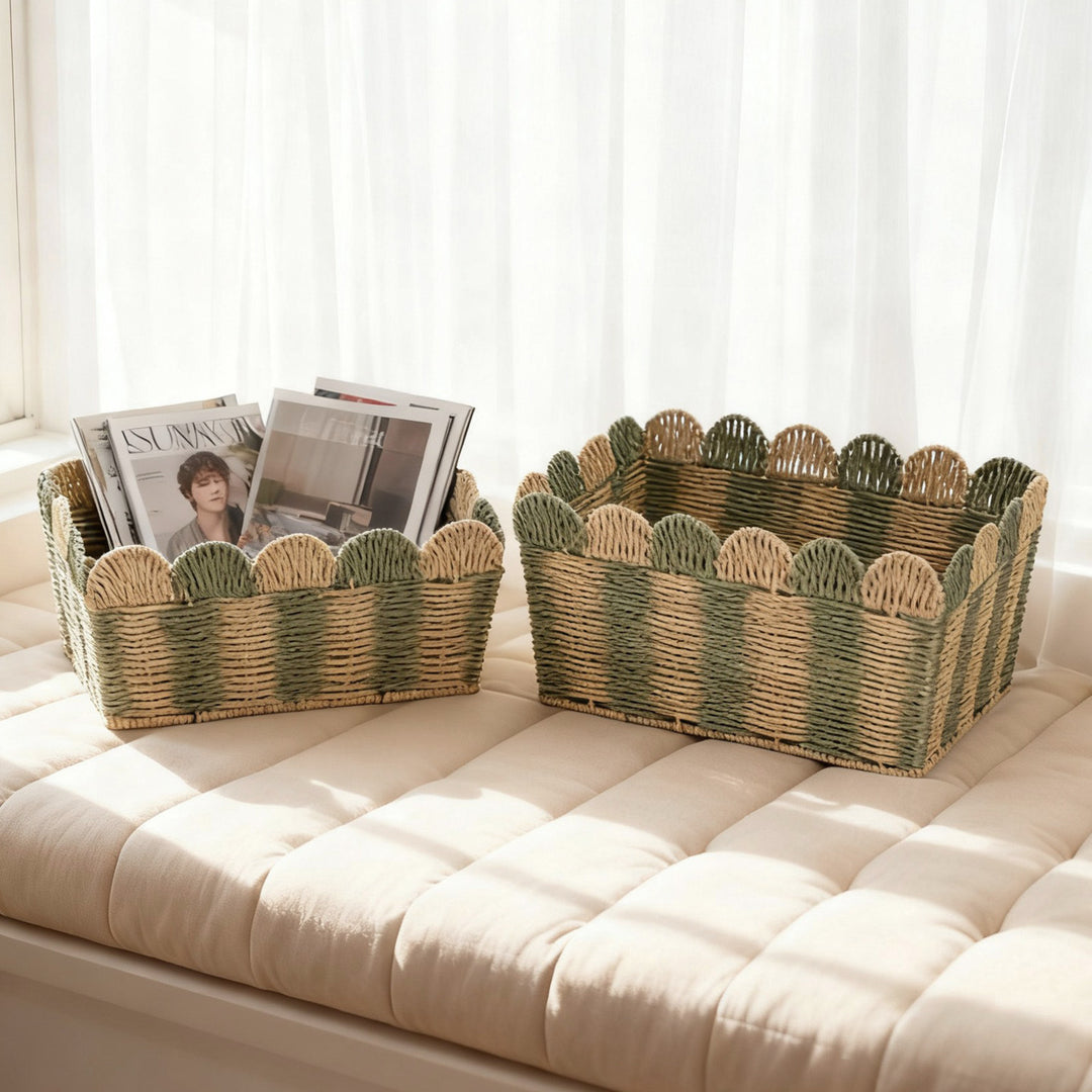 Decorative storage basket made of woven material