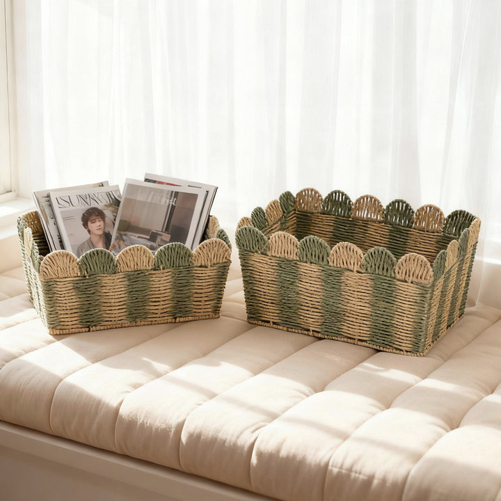 Decorative storage basket made of woven material