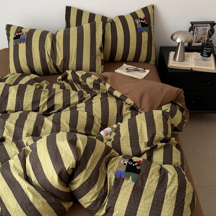 Striped Cotton Duvet Cover Set with Decorative Embroidery