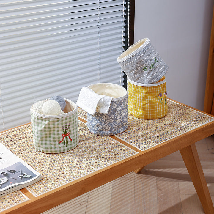 Padded fabric storage basket with Vichy check and embroidered lavender motif