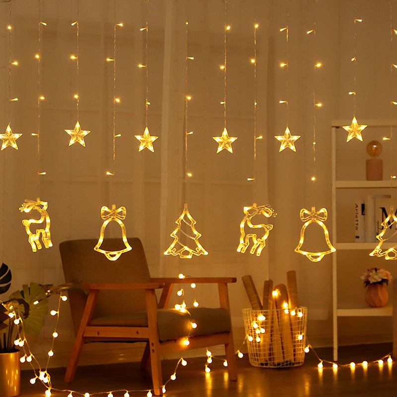 Festive LED Curtain String Lights with Hanging Star-Bell Tree and Reindeer Ornaments