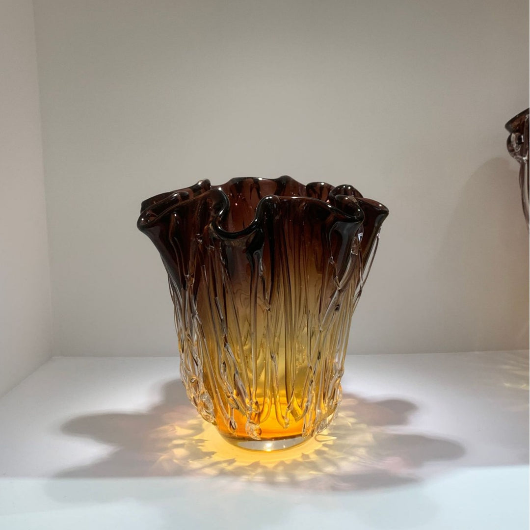 Handcrafted Ruffled-Edge Amber-to-Smoke Art Glass Decorative Vase Collection