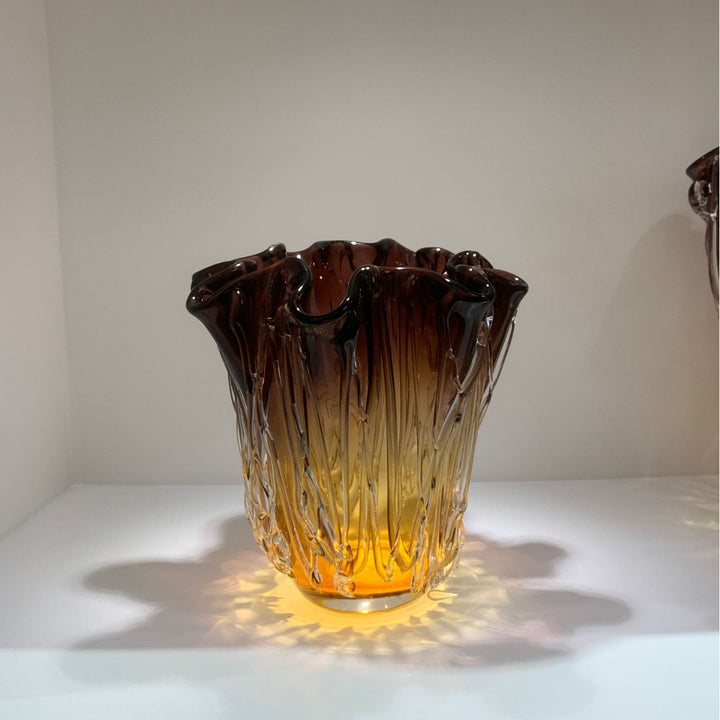 Handcrafted Ruffled-Edge Amber-to-Smoke Art Glass Decorative Vase Collection