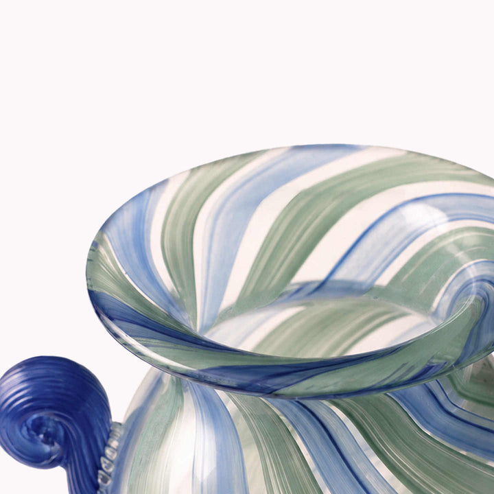 Swirled Hand-Blown Glass Amphora Vase with Spiral Scroll Handles