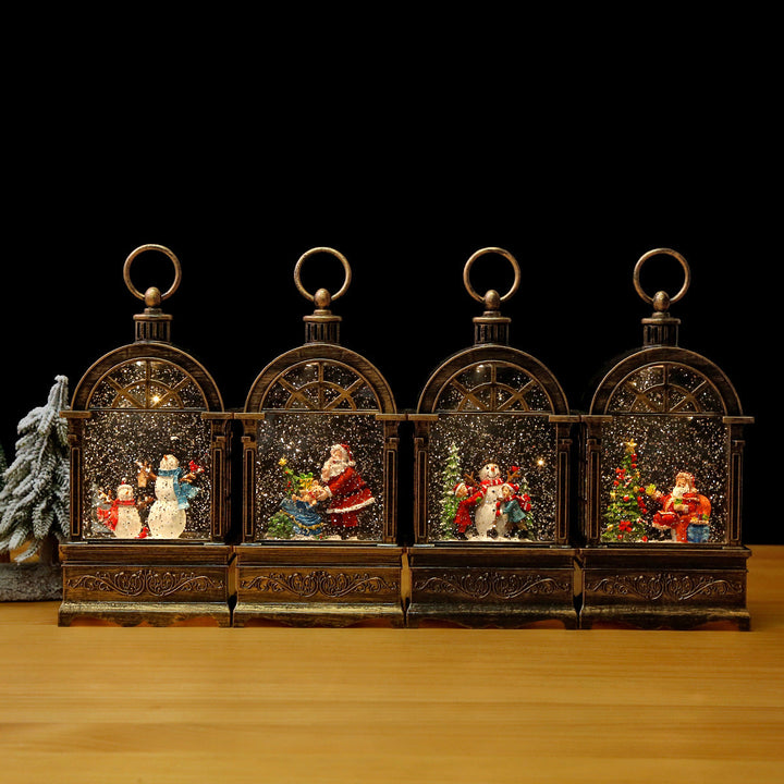Nostalgic Christmas lantern with snowfall and moving Santa Claus scene