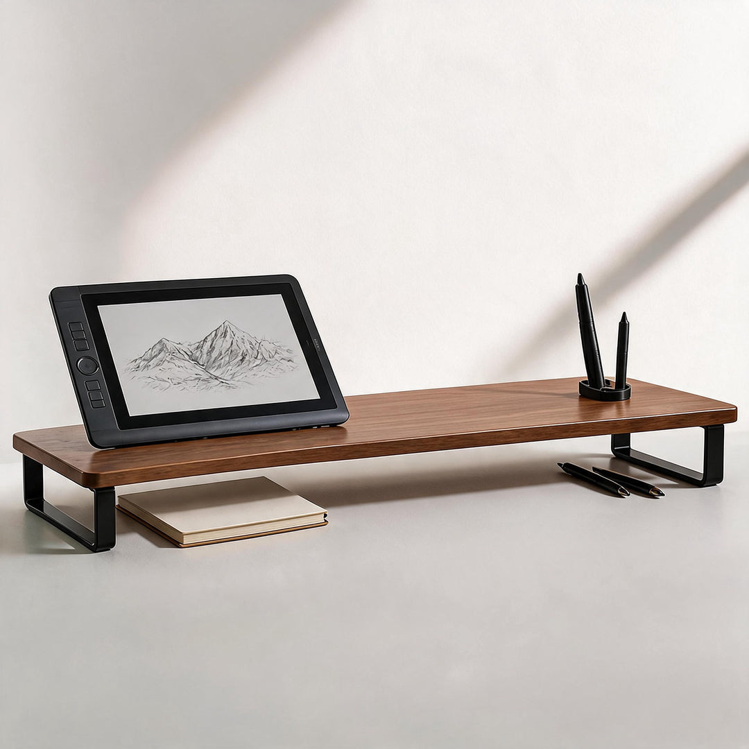 Elevated Solid Wood Ergonomic Monitor Riser Shelf with Metal Frame Stand
