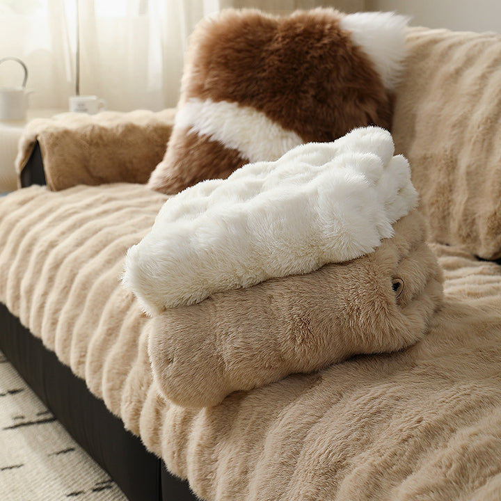 High-pile sofa cover set made of faux fur with seat, back and armrest covers