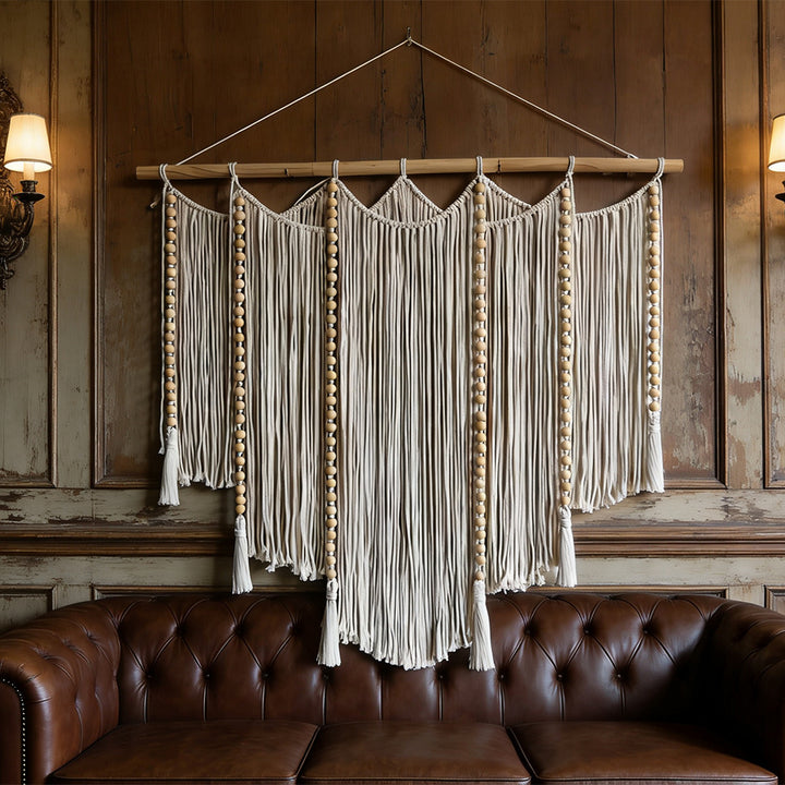 Elegant Macrame Wall Hanging with ornate fringes and leaves