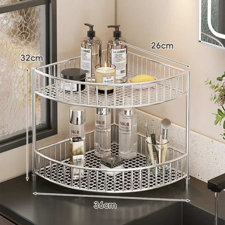 Two-Tier Corner Mesh Metal Bathroom Countertop Organizer Shelf with Raised Guard Rails