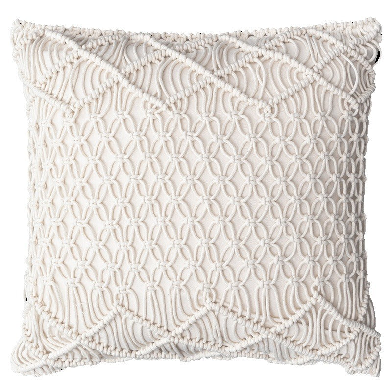 Boho macrame pillow cover with hand-knotted ornament relief and cotton texture